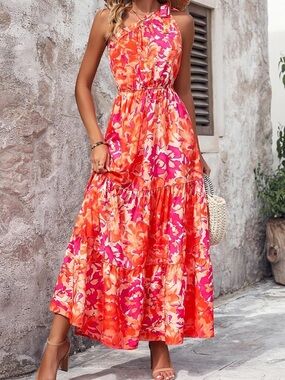 One-Shoulder Floral Maxi Dress in Orange & Fuchsia